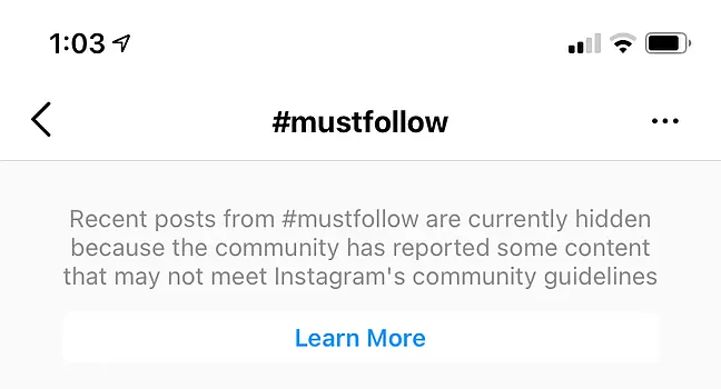 mensaje de instagram cuando usas un hashtag prohibido en tu estrategia